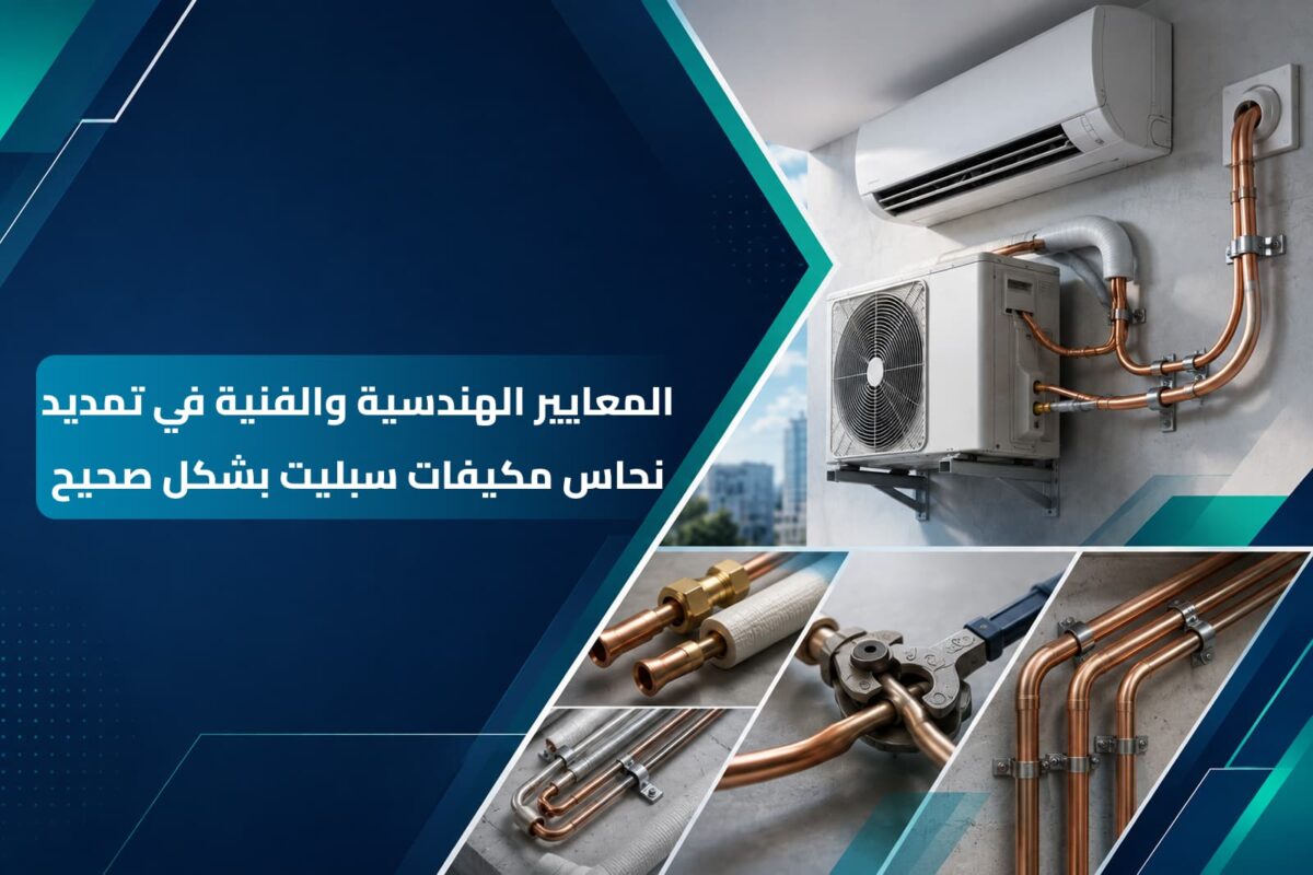فني متخصص يقوم بأعمال تمديد نحاس مكيفات سبليت وتأسيس المواسير قبل التشطيب